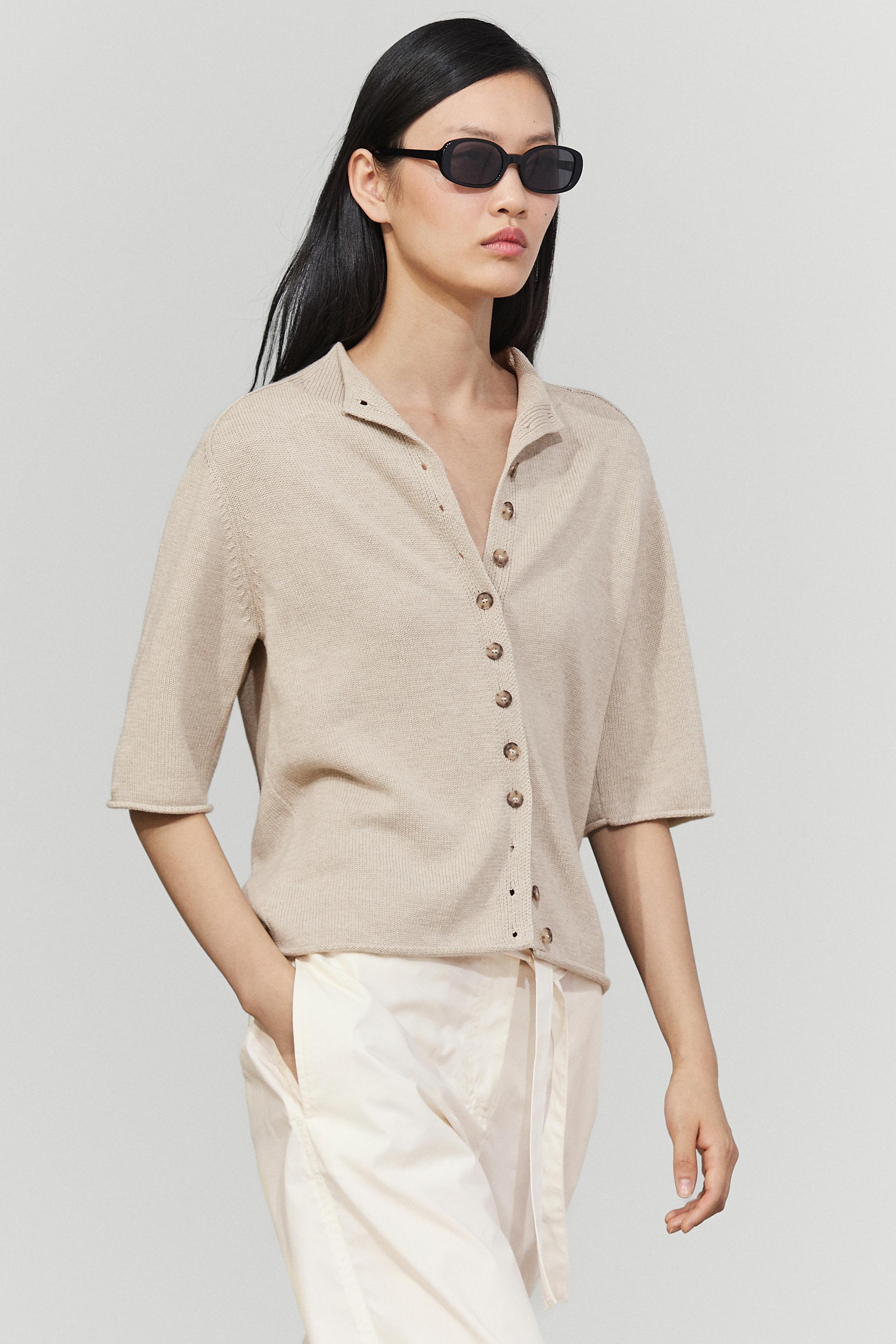 Cotton funnel neck knit cardigan