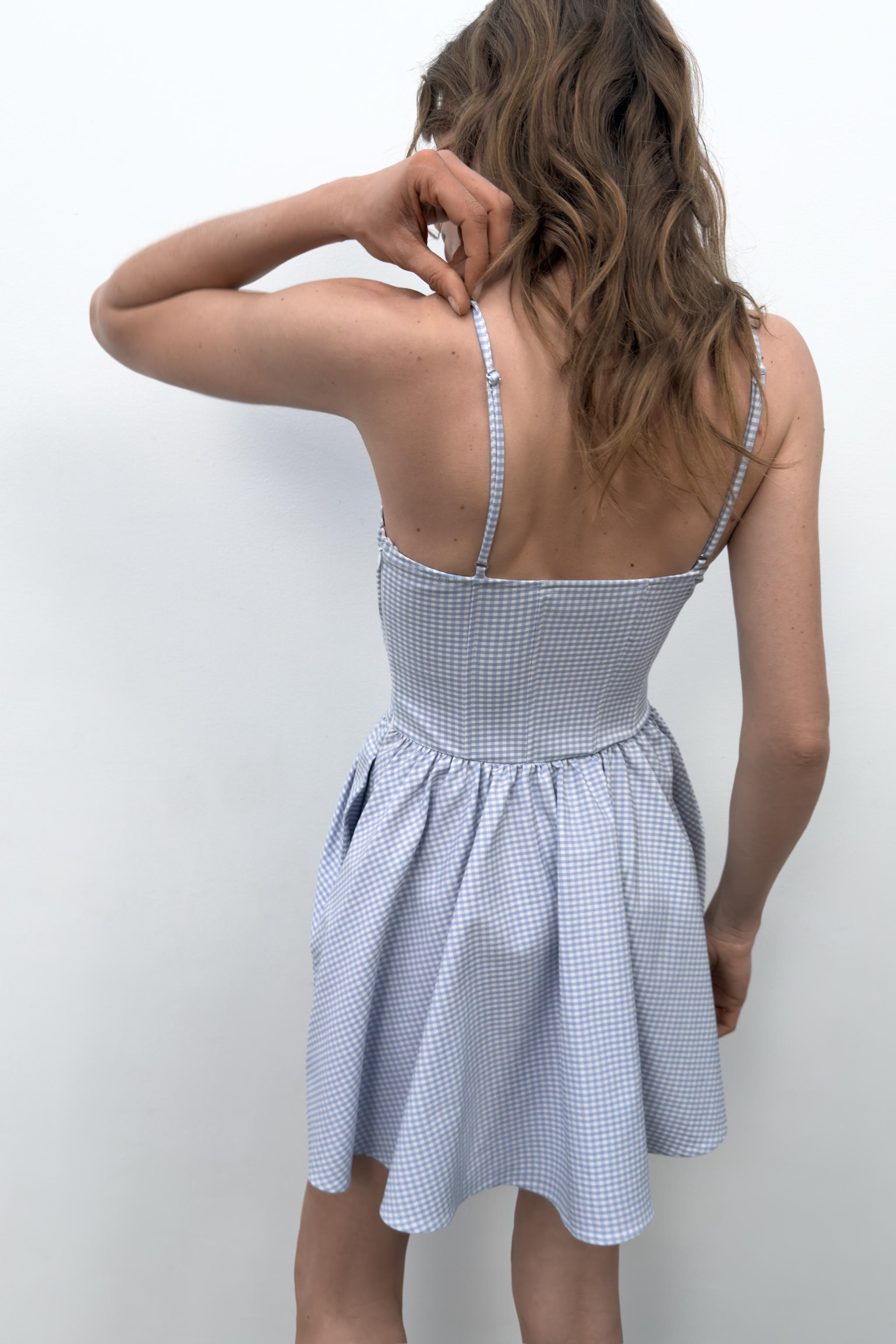 princess polly baby blue dress Strapless dress with smocked detail and gingham pattern main image 1