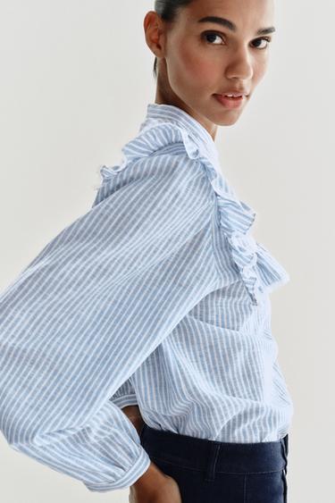METALLIC THREAD STRIPED RUFFLE SHIRT - Blue/White by Zara - Image 4