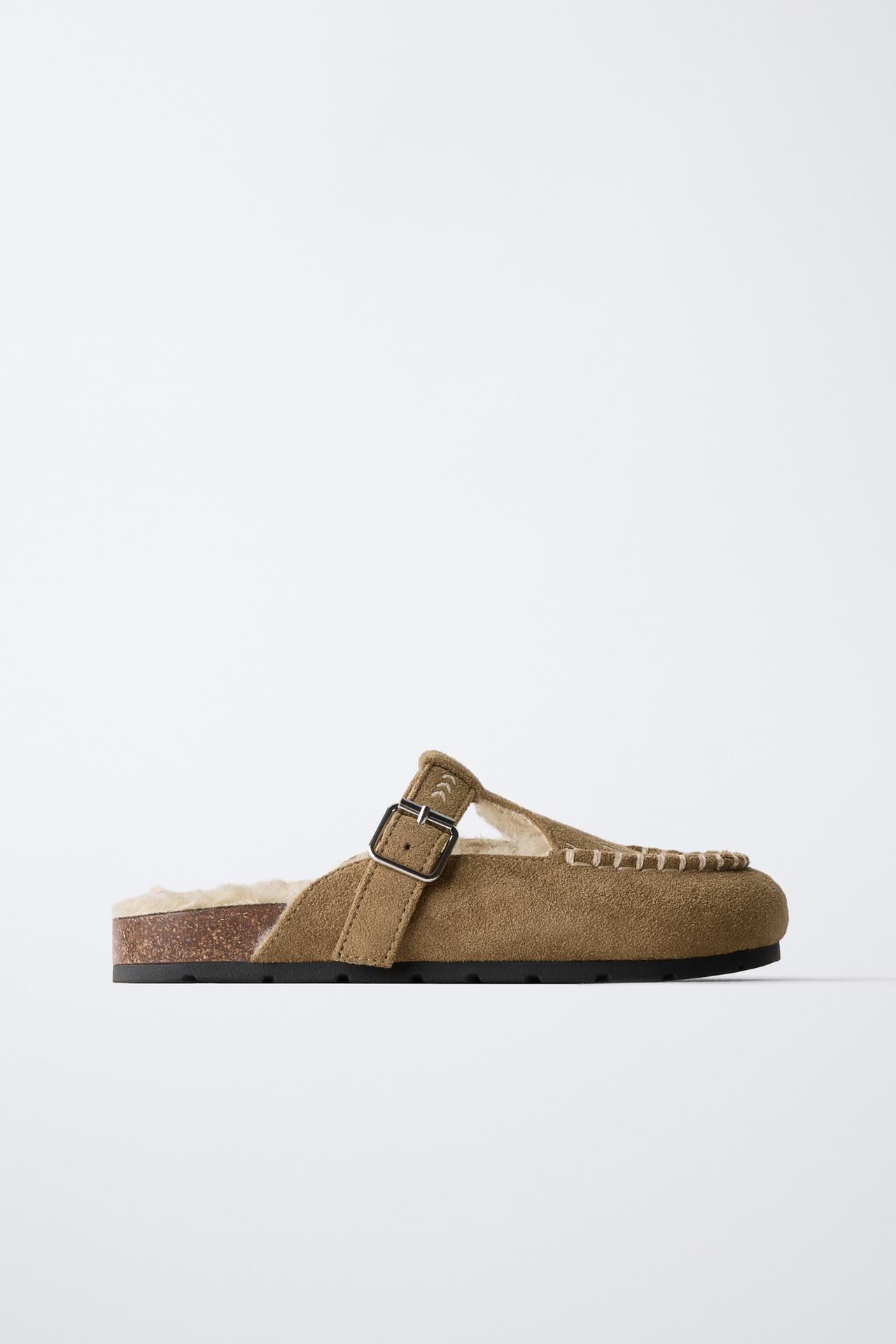 EMBROIDERED BUCKLE CLOGS — Beige