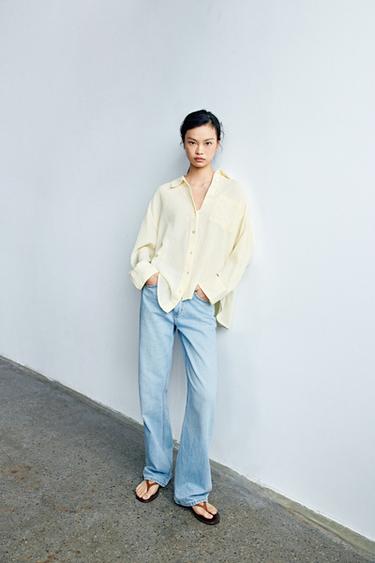 Zara Z1975 高腰直筒加長版牛仔褲 - 淡藍色