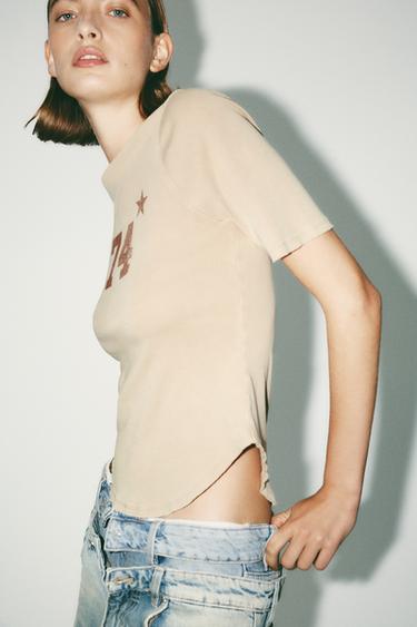 Zara TEXT PRINT T-SHIRT WITH STUDS - taupe brown