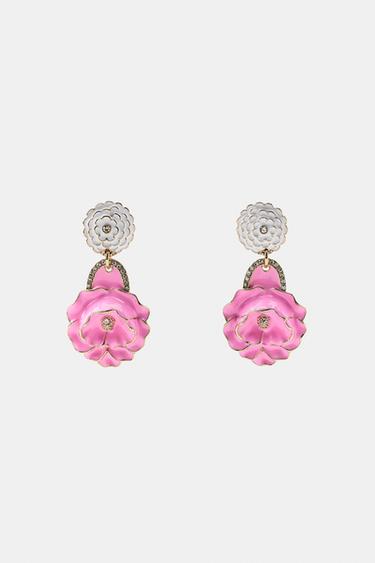 ENAMELLED FLOWER EARRINGS - Pink by Zara