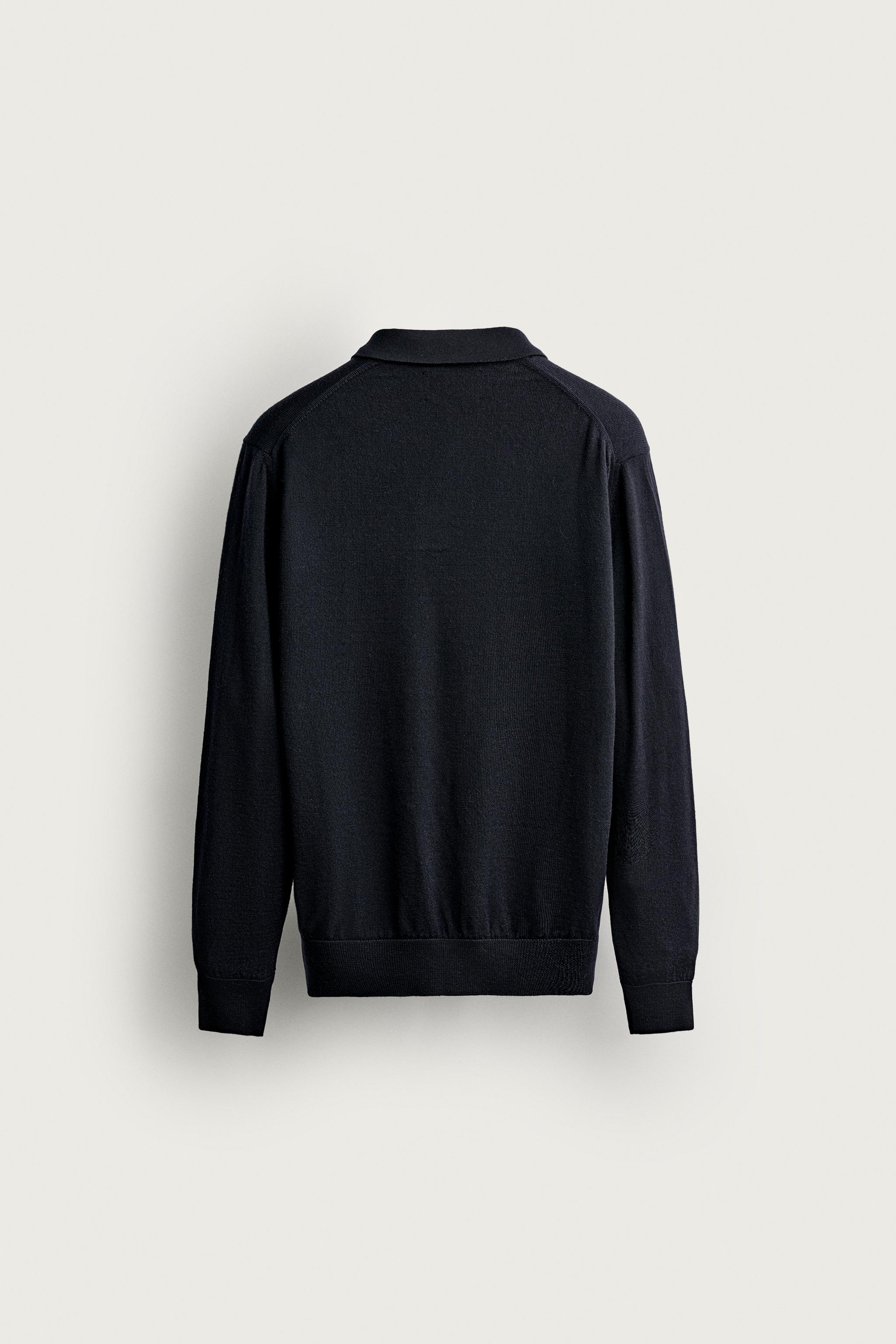 100% WOOL KNIT POLO SHIRT — Navy blue