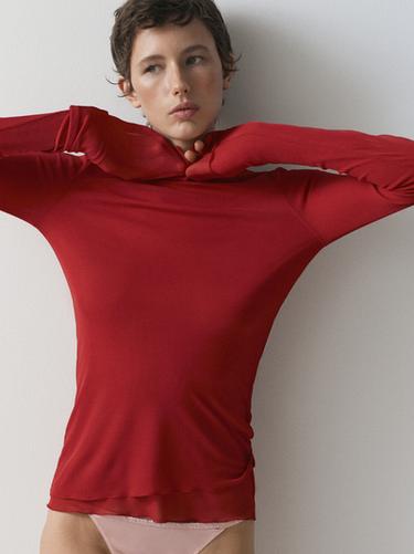 Zara Long sleeve silk T-shirt - Red - Image 0