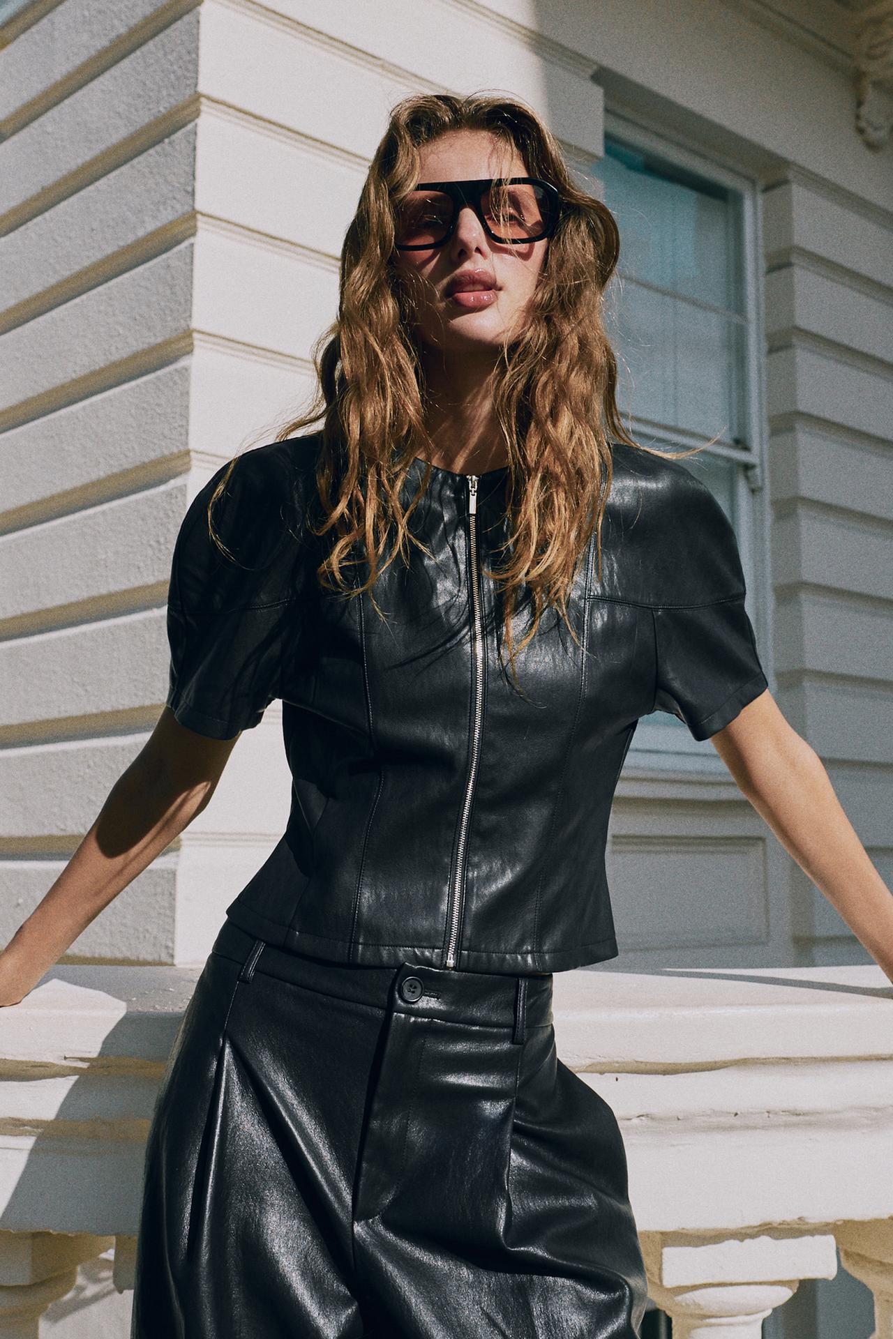 FAUX LEATHER ZIP-UP TOP — Black