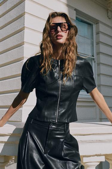 FAUX LEATHER ZIP-UP TOP — Black 3
