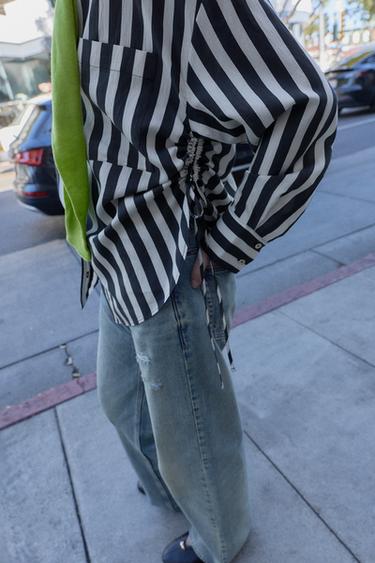 STRIPED SHIRT WITH SIDE LACES - Ecru / Black by Zara