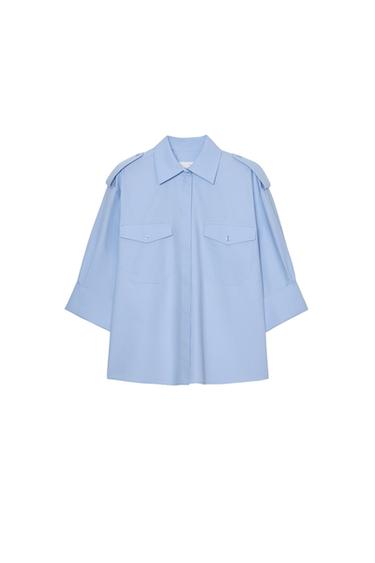 Zara POPLIN SHIRT WITH POCKETS ZW COLLECTION - Light blue