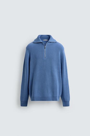 Zara ZIPPERED PURL KNIT SWEATER - Light blue