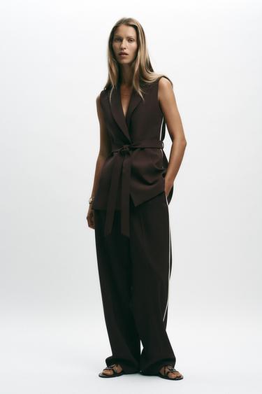 LONG WAISTCOAT WITH SIDE STRIPE - Brown by Zara - Image 0
