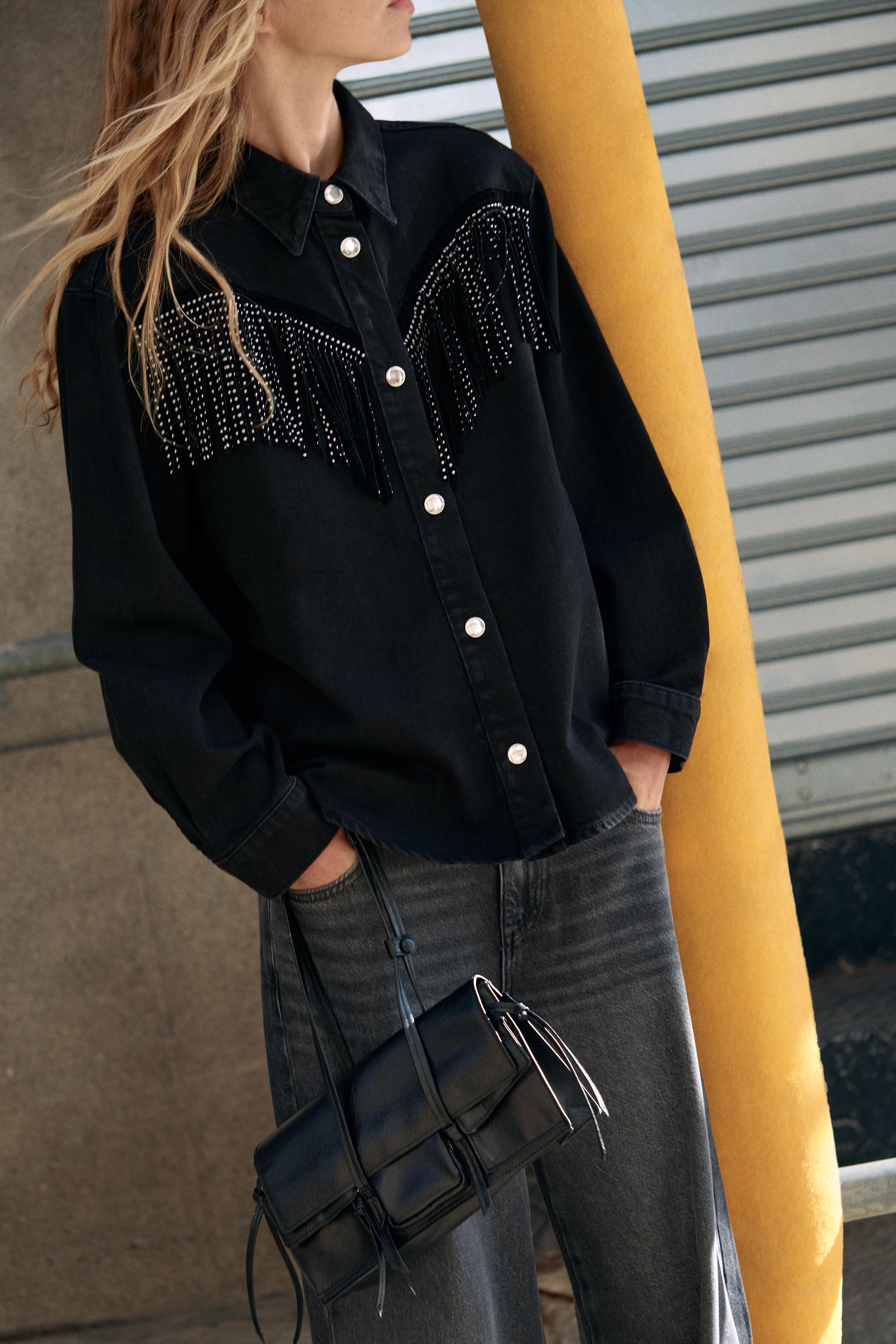 VESTE Z1975 EN JEAN A FRANGES AVEC CLOUS Noir ZARA France