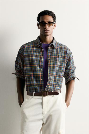 Zara RELAXED FIT PLAID SHIRT - Blue