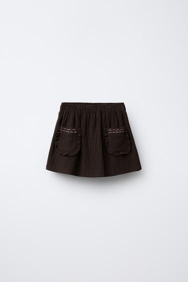 Zara 荷葉邊口袋百慕達短褲裙 - 棕色 - 圖片 0