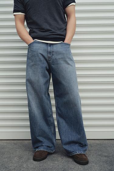 Zara 合身吊襠牛仔褲 - 中藍色