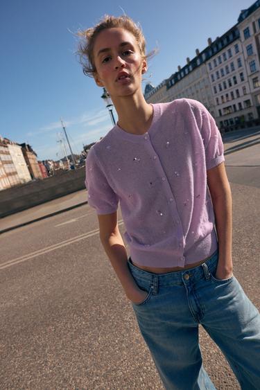 SEQUIN SHORT SLEEVE CARDIGAN - Pink / Lilac by Zara - Image 3