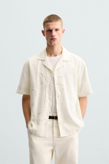 Zara FLORAL EMBROIDERED SHIRT - Oyster-white