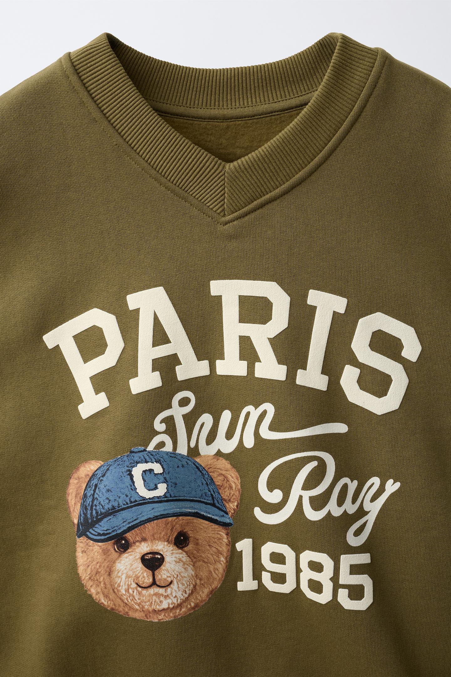 Детская толстовка Zara Bear and Text Print, цвет: Оливковый зелёный — фото 3