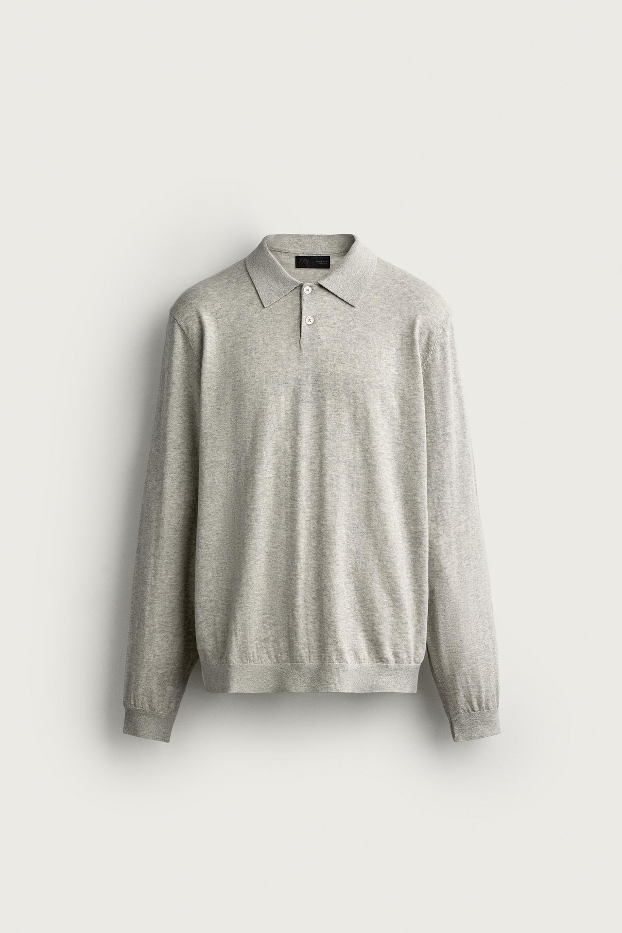 COTTON-CASHMERE KNIT POLO SHIRT — Gray marl