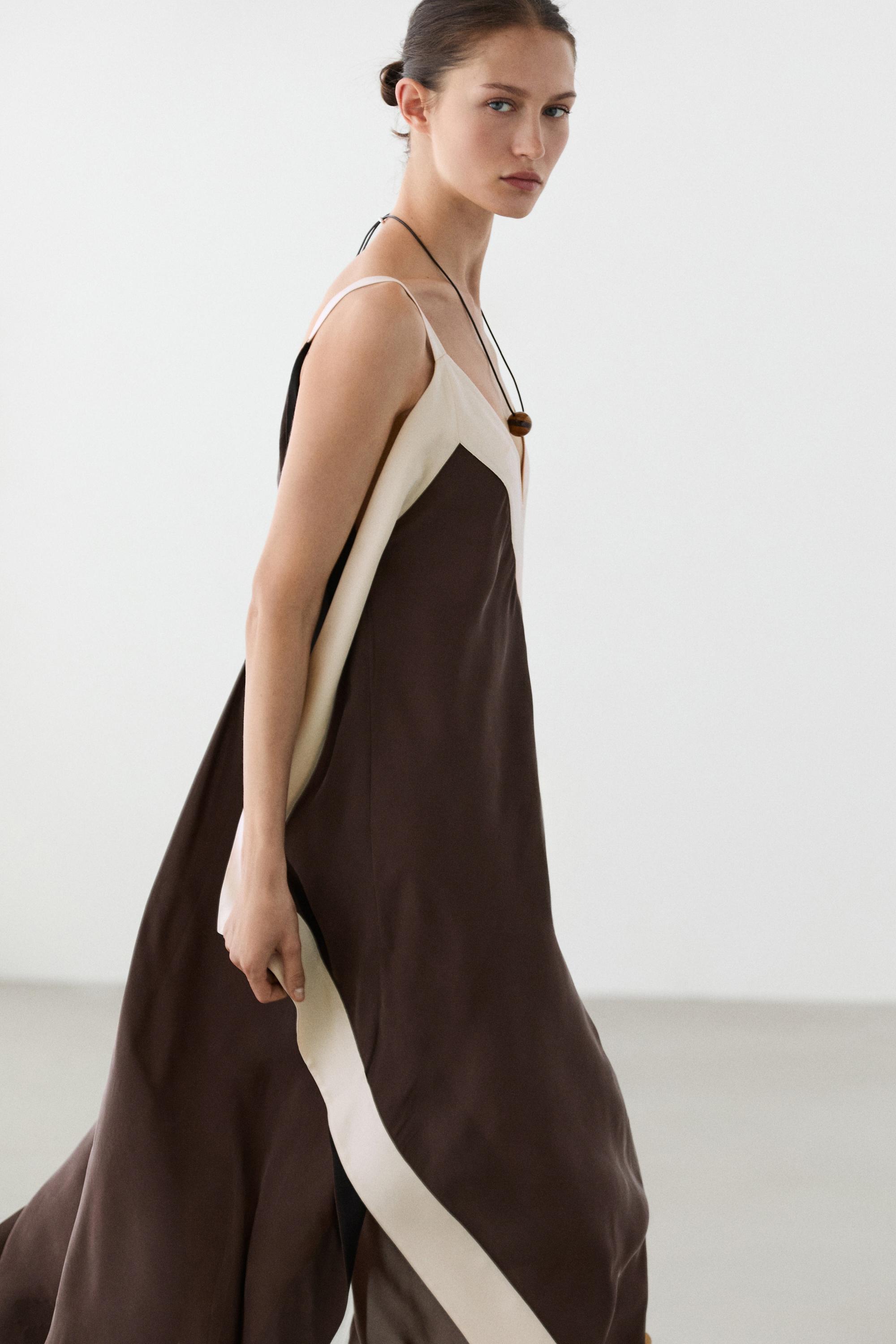 Flowing midi dress with contrast trim detail — Brown