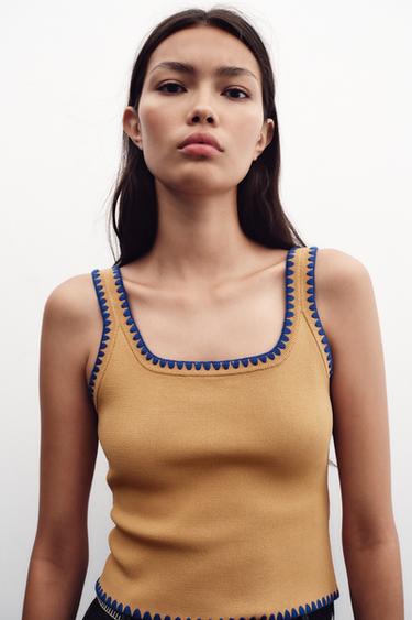 Zara CONTRAST EMBROIDERY KNIT TOP - Mid-camel