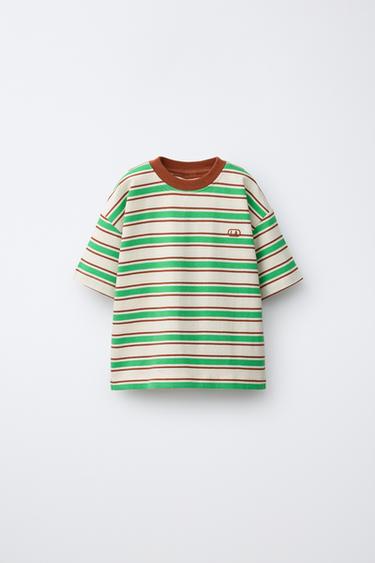 CAMISETA RAYAS LOGO BORDADO - Crudo / Verde de Zara - Imagen 0