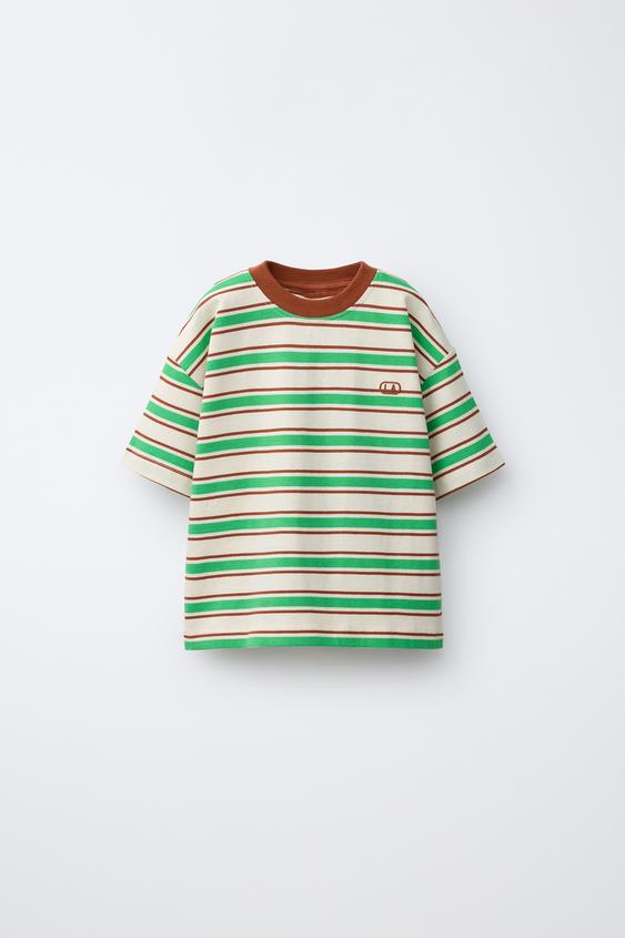 STRIPED T-SHIRT WITH EMBROIDERED LOGO - Ecru / Green by Zara - Image 0