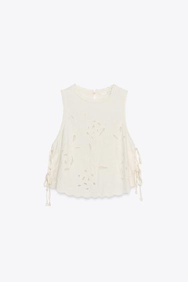 TOP BRODÉ AVEC LACETS - Blanc de Zara - Image 6