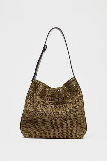 Zara RAFFIA EFFECT BUCKET BAG - Green