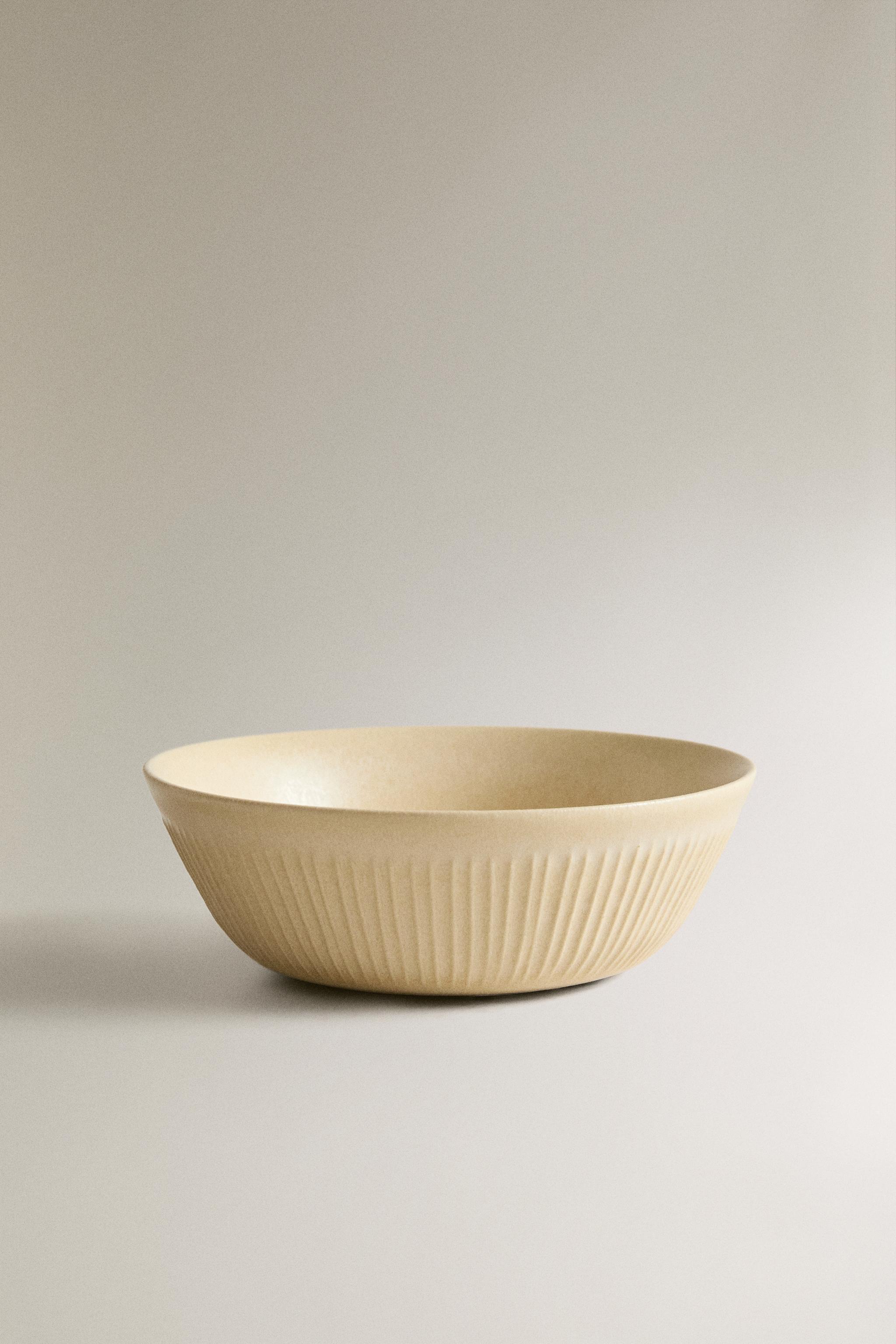 SCORED STONEWARE BOWL — Dark beige