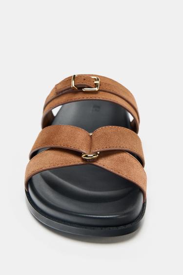 SPLIT SUEDE CROSS STRAP SANDALS - Dark tan by Zara - Image 4
