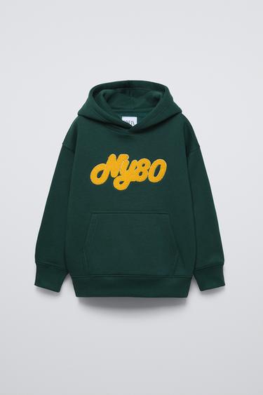 HOODIE WITH TERRY SLOGAN - GREEN by Zara