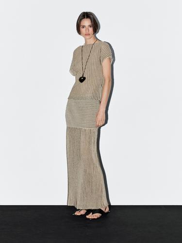 Zara Long pleated skirt with flecked detail - Beige