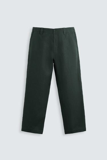 Zara STRAIGHT FIT 100% LINEN PANTS - Dark bottle green