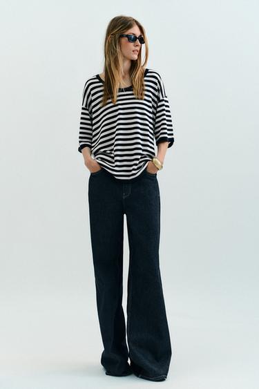 OVERSIZE-TOP AUS STRICK MIT KURZEN ÄRMELN - Marineblau / Weiß von Zara