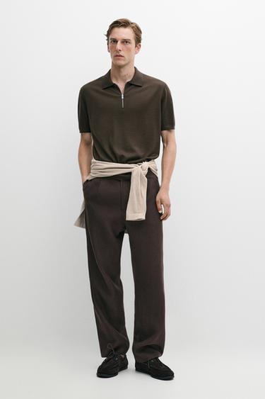 Zara Wool blend zip-detail polo shirt - Dark khaki