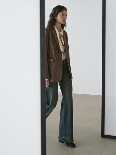 Zara Suede leather blazer with lapel collar - Brown