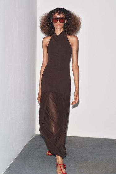 VESTIDO HALTER COMBINADO - Marrón de Zara