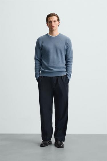 Zara BASIC PURL KNIT SWEATER - Mid-blue