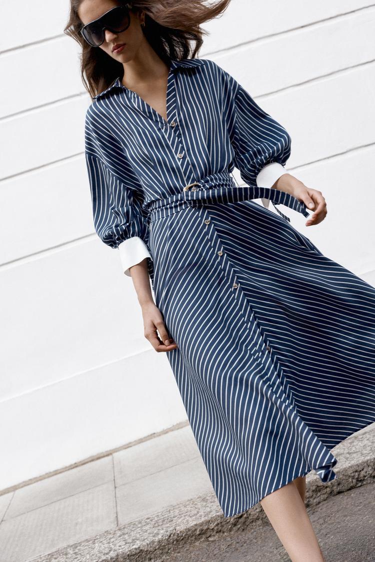 Vestido midi con cinturón y rayas 3