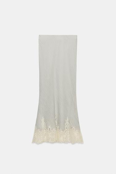 CHÂN VÁY MIDI PHỐI REN HIỆU ỨNG NHĂN - Màu xám nhạt từ Zara