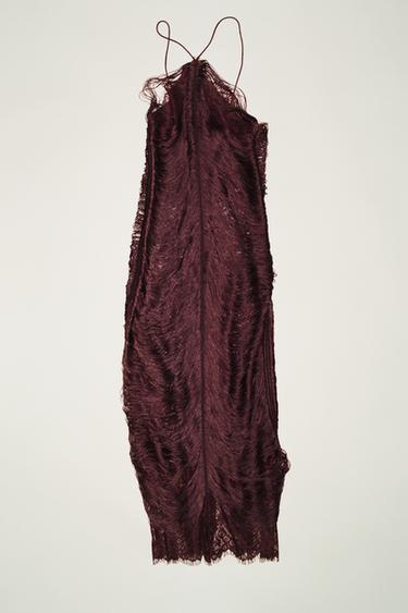 HALTER LACE FRINGE DRESS - Burgundy by Zara