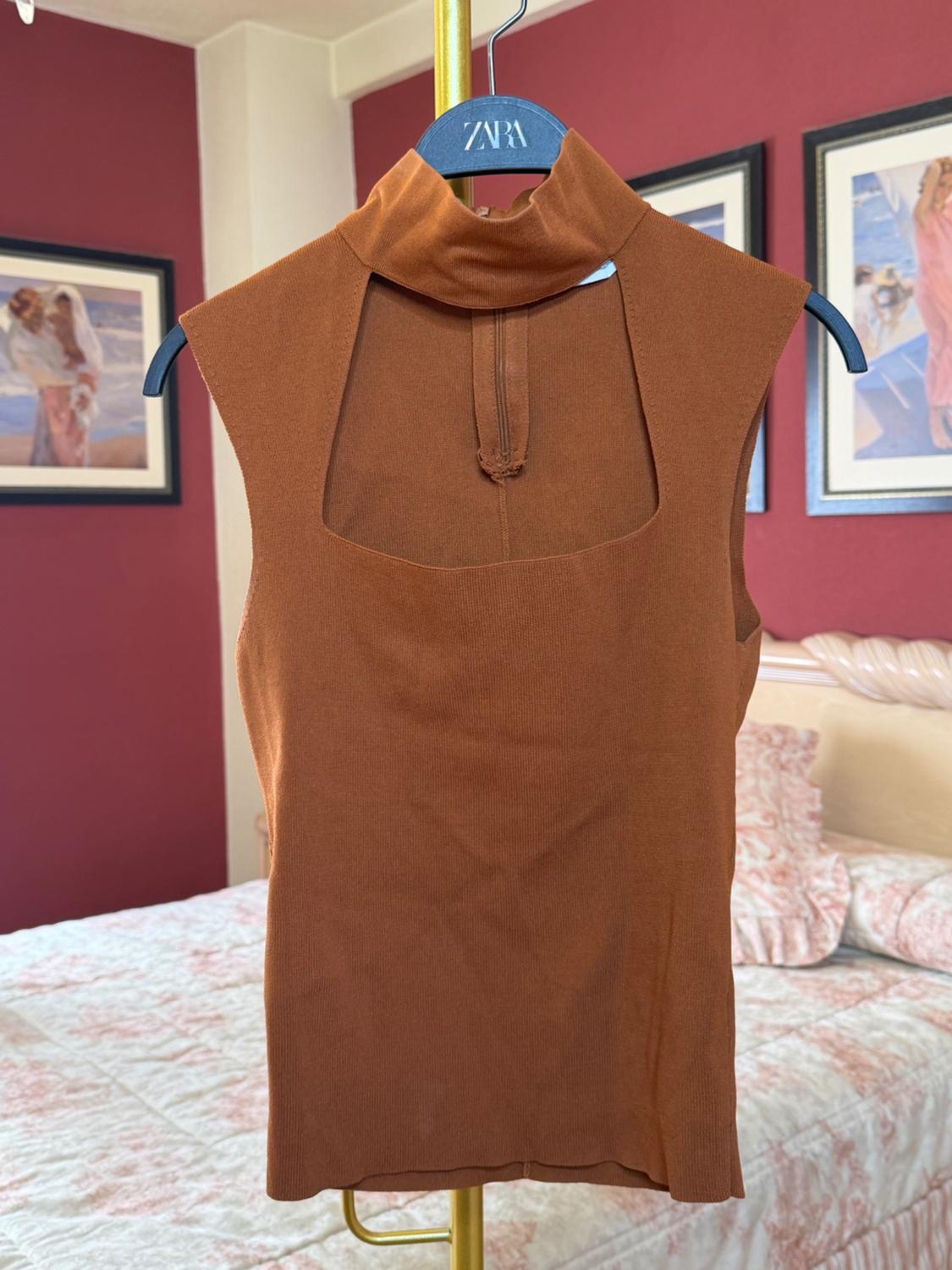 Brown sleeveless top with a high neck on a Zara hanger. Background with a red wall and pictures. Bed with a light bedspread and pink accents.