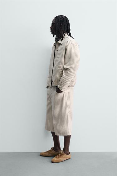 CROPPED FIT STRIPED FIREMAN CLASP JACKET - Ecru by Zara - Image 3