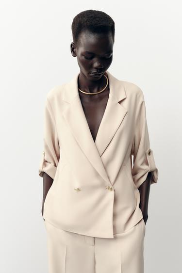 BLAZER MENYILANG LENGAN TERGULUNG - Putih pasir dari Zara
