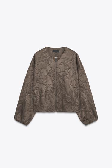 EMBROIDERED FAUX SUEDE BOMBER JACKET - Khaki by Zara - Image 8