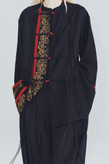 Zara ZW COLLECTION LONG MIXED EMBROIDERED BEADED SHIRT - Black