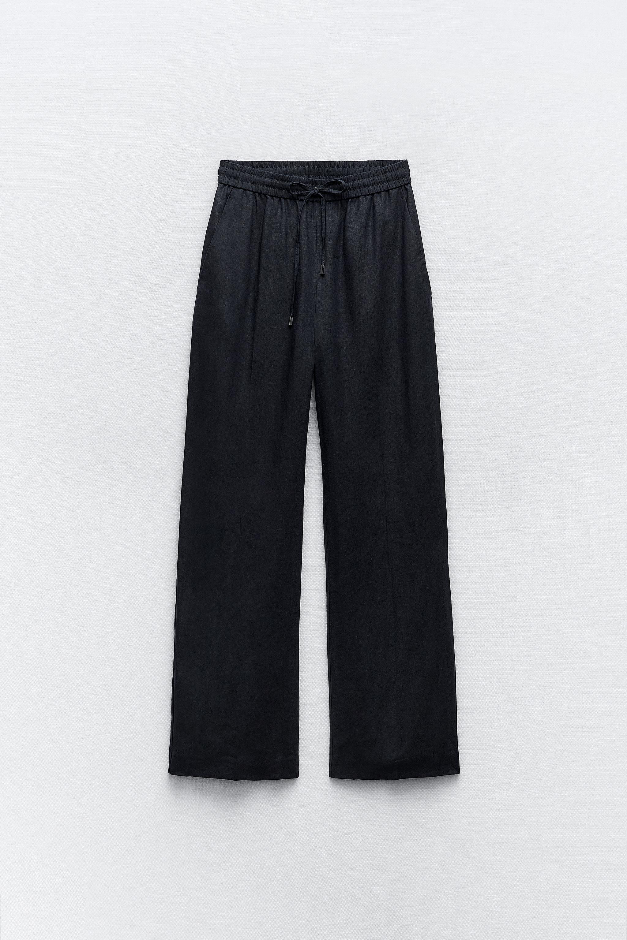 LINEN BLEND STRAIGHT PANTS - Black