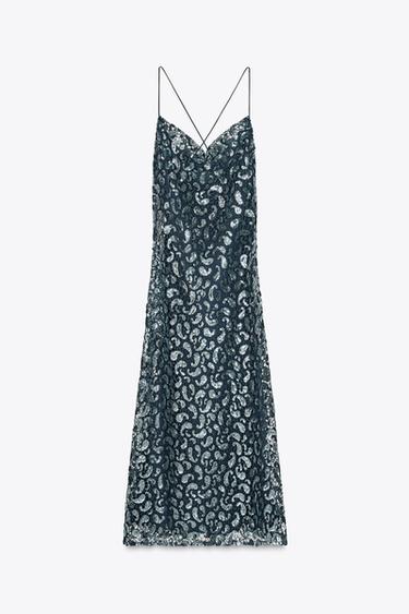 ROBE MI-LONGUE À PAILLETTES - Bleu de Zara - Image 4