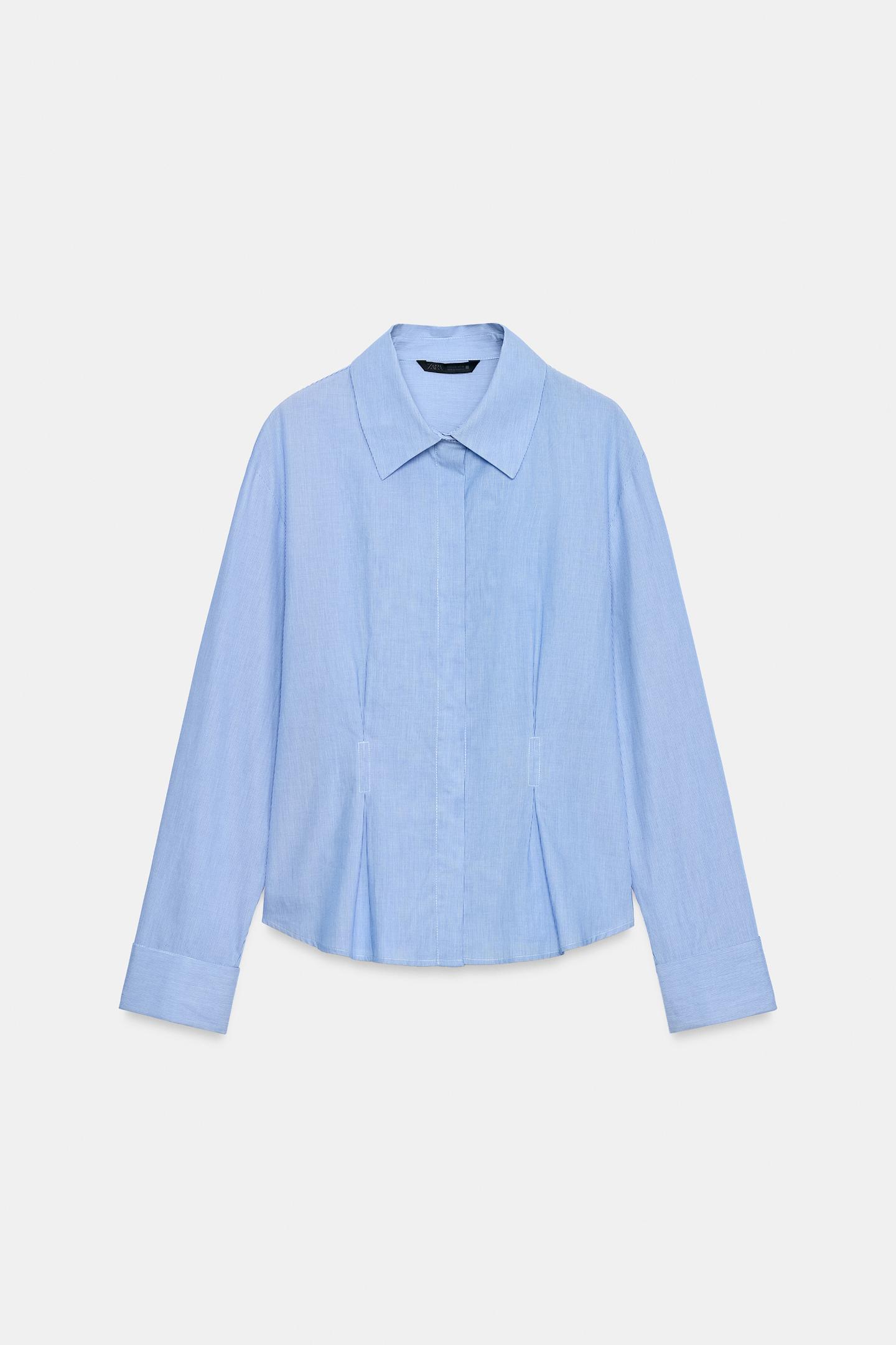 Женская рубашка Zara Darted Shirt with Turn-Up Cuffs, цвет: Синий / Белый — фото 6